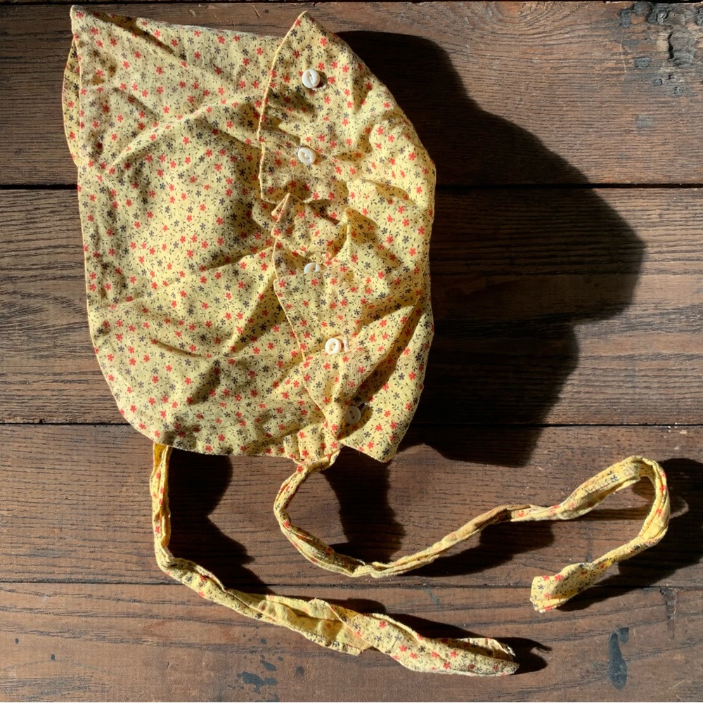 Antique yellow calico floral baby bonnet